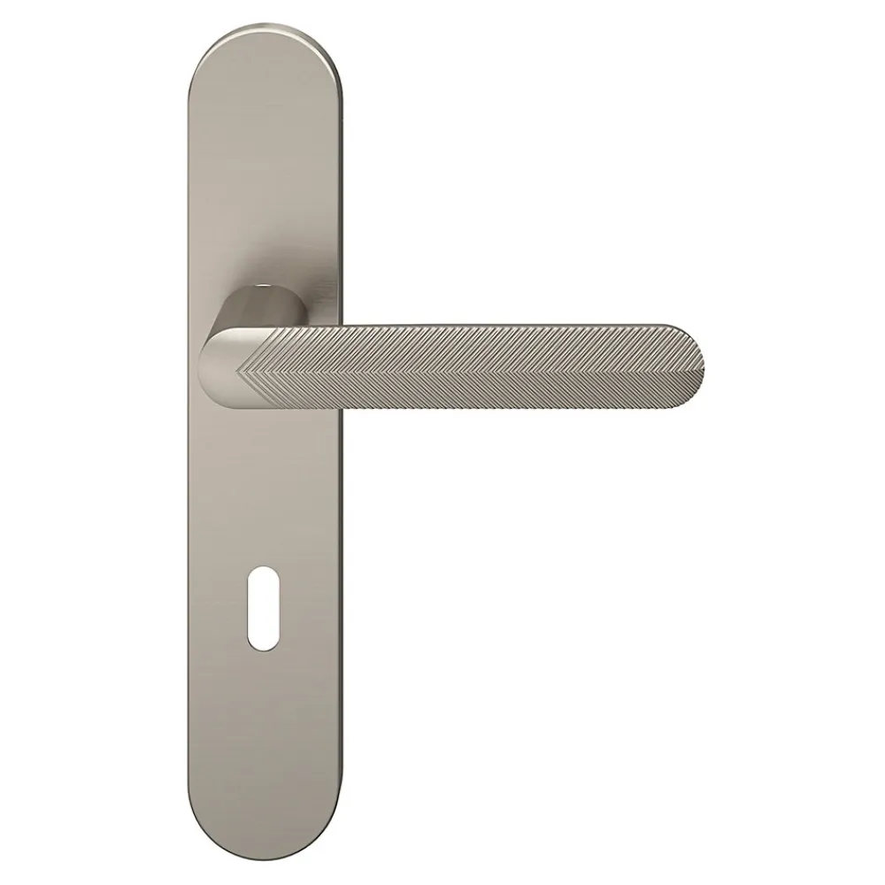 GoodHome Ensemble poignée sur plaque rond serrure Garlan effet nickel satin gris L.125mm x l.42mm entraxe 165-195mm- Poignée De Porte