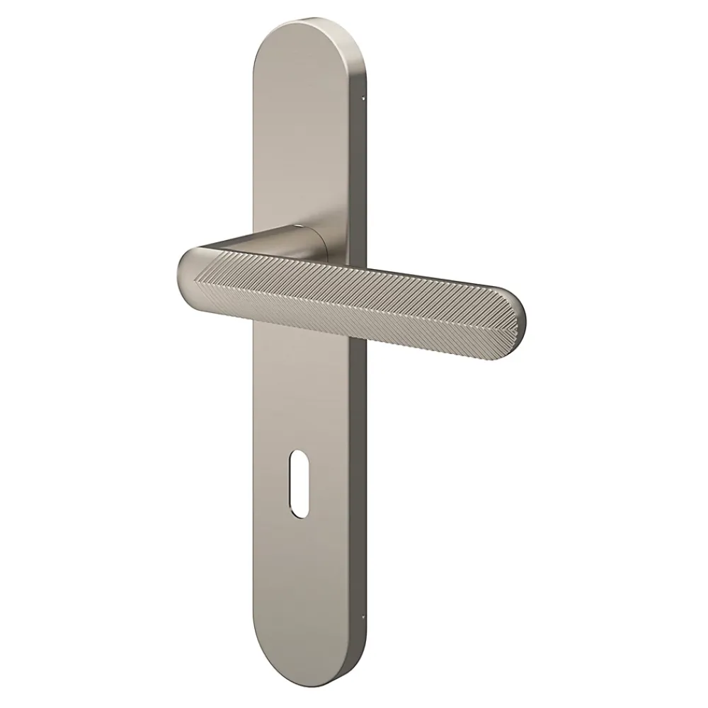 GoodHome Ensemble poignée sur plaque rond serrure Garlan effet nickel satin gris L.125mm x l.42mm entraxe 165-195mm- Poignée De Porte
