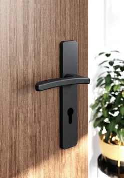 GoodHome Poignée De Porte<Ensemble poignée sur plaque rectangulairecylindre Irvil effet nickel mat noir L.126.5mm x l.42mm entraxe 165-195mm