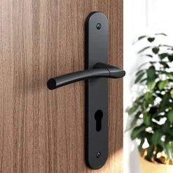 GoodHome Poignée De Porte<Ensemble poignée sur plaque rondcylindre Hirel effet nickel mat noir L.128mm x l.40mm entraxe 195mm