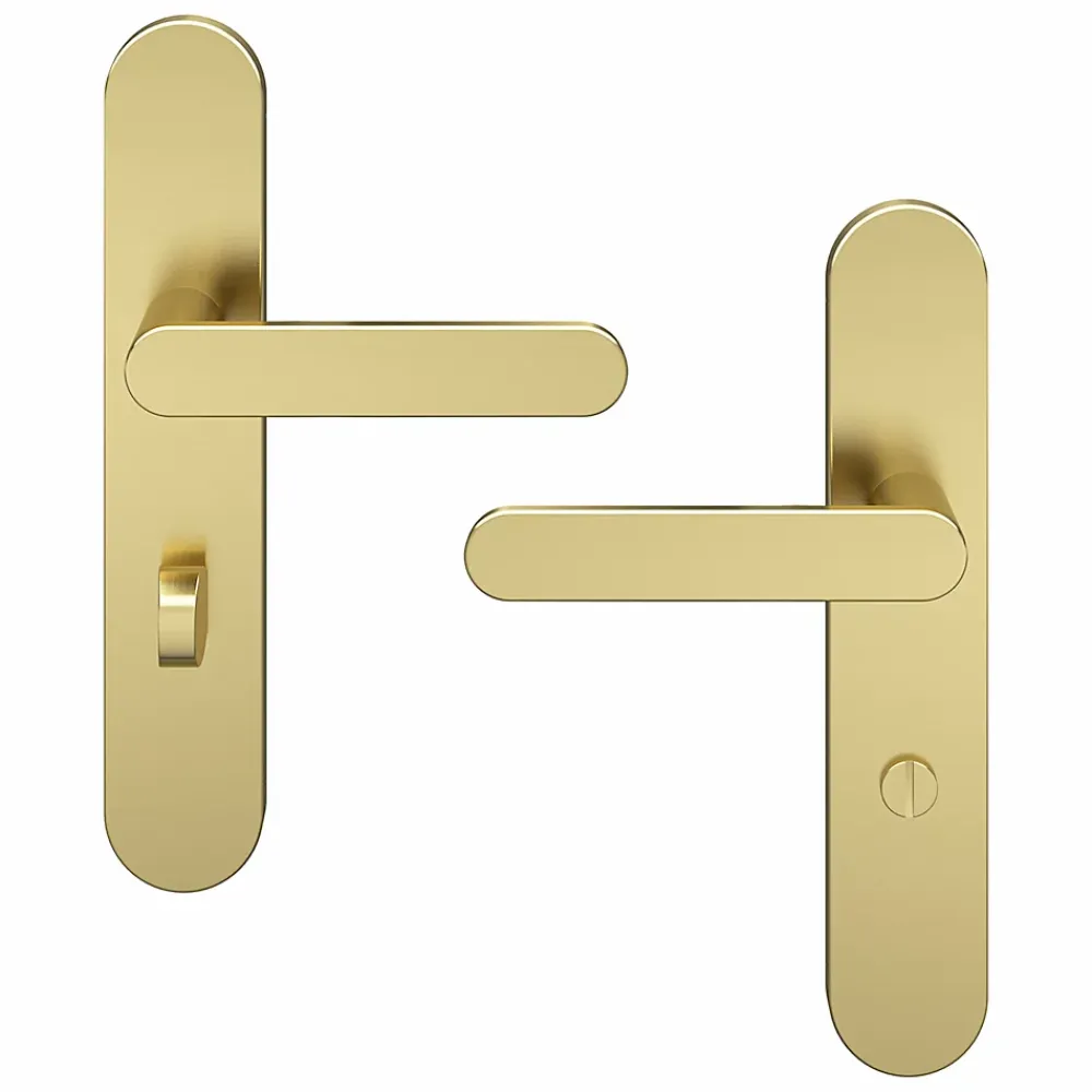 GoodHome Poignée De Porte<Ensemble poignée sur plaque rond à condamnation Minzh effet laiton satin doré L.120mm x l.42mm entraxe 165-195mm
