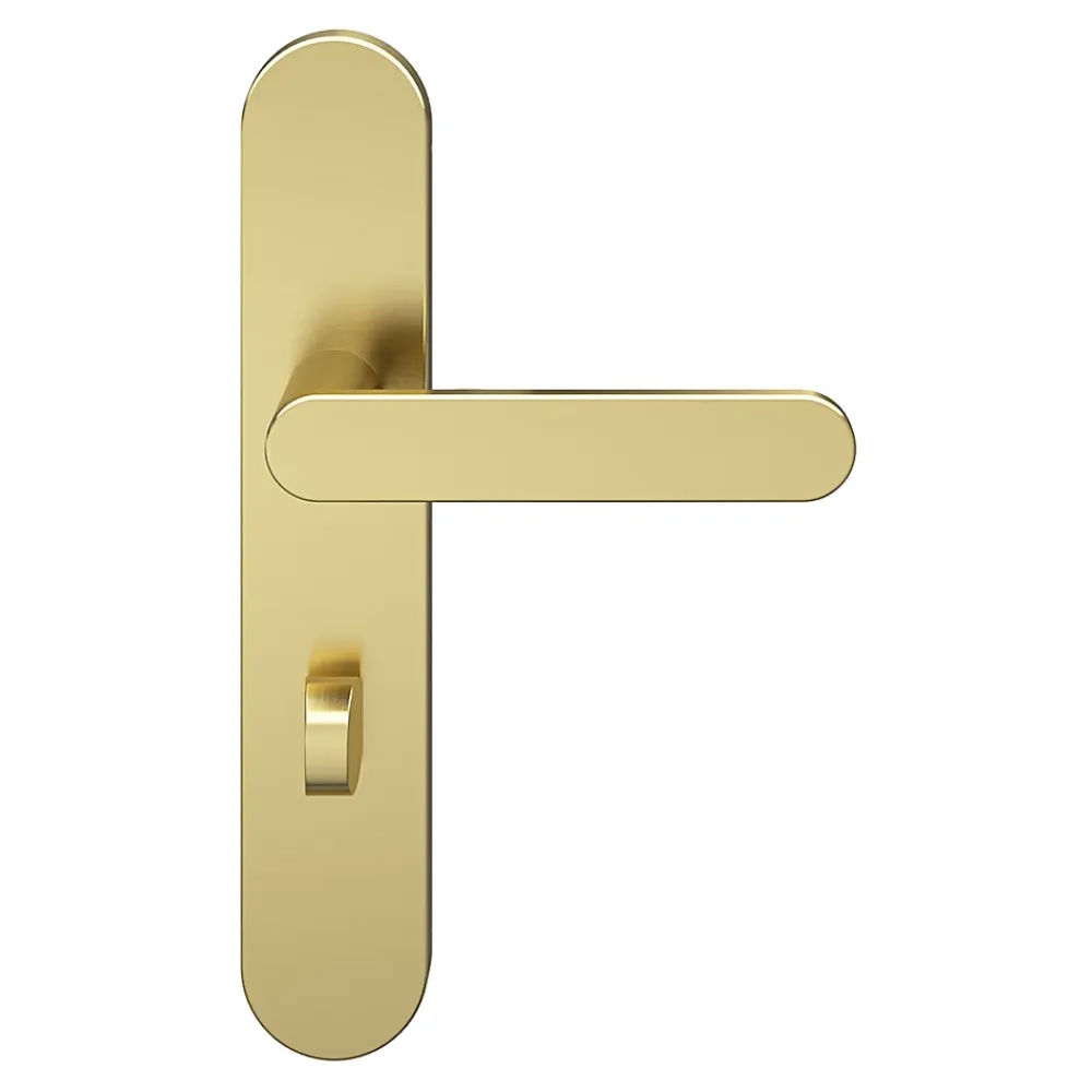 GoodHome Poignée De Porte<Ensemble poignée sur plaque rond à condamnation Minzh effet laiton satin doré L.120mm x l.42mm entraxe 165-195mm