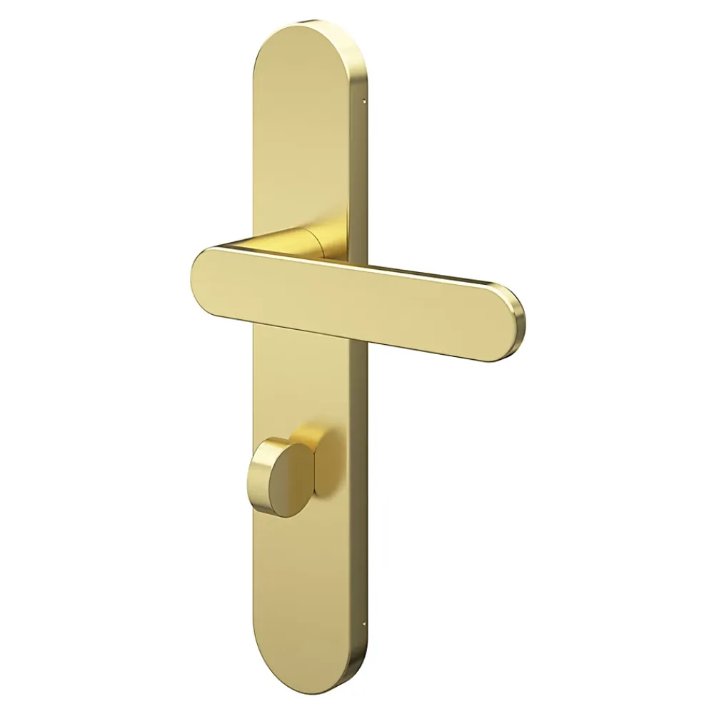 GoodHome Poignée De Porte<Ensemble poignée sur plaque rond à condamnation Minzh effet laiton satin doré L.120mm x l.42mm entraxe 165-195mm
