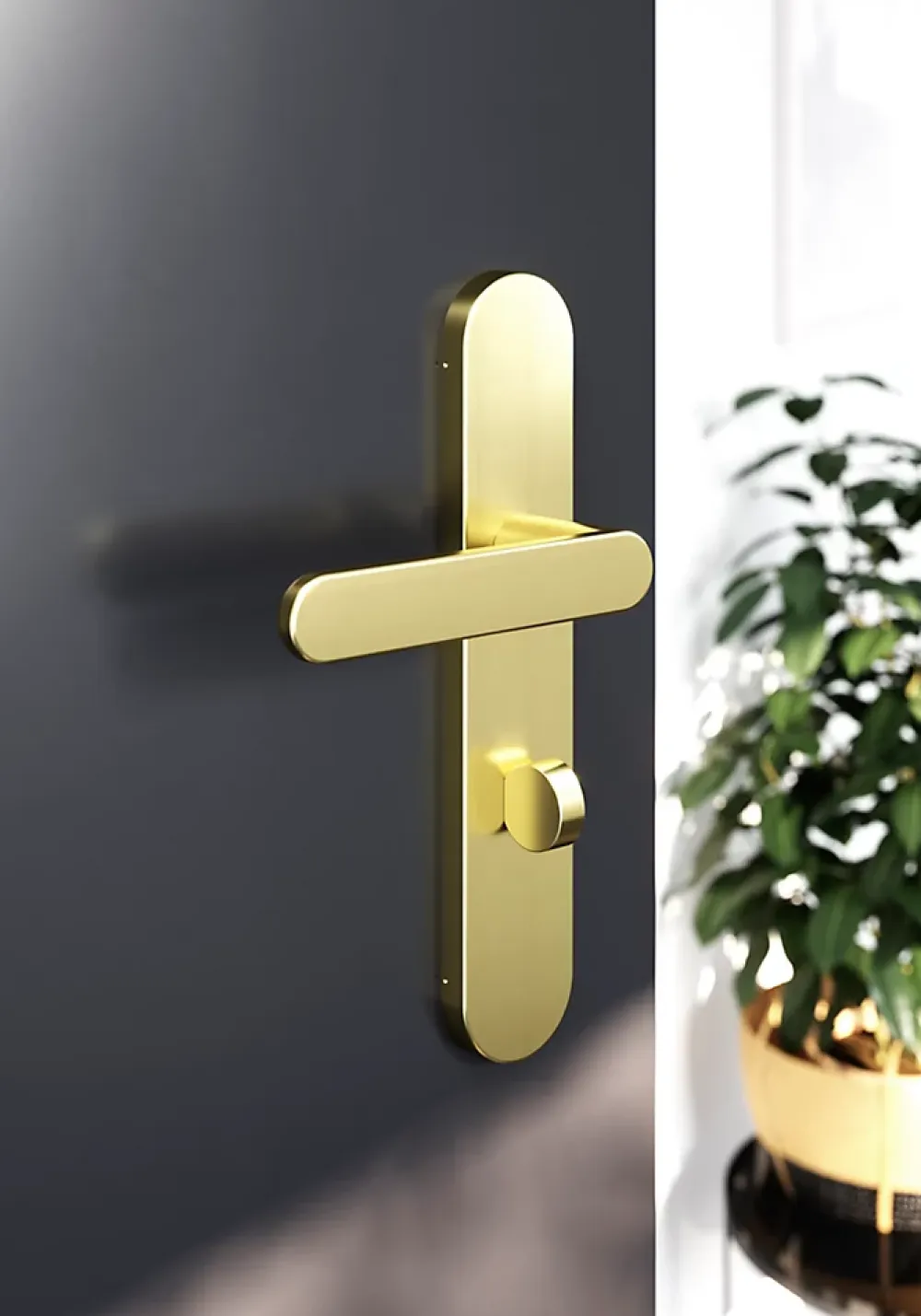 GoodHome Poignée De Porte<Ensemble poignée sur plaque rond à condamnation Minzh effet laiton satin doré L.120mm x l.42mm entraxe 165-195mm