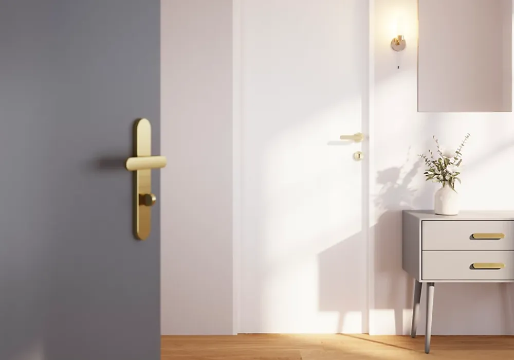GoodHome Poignée De Porte<Ensemble poignée sur plaque rond à condamnation Minzh effet laiton satin doré L.120mm x l.42mm entraxe 165-195mm