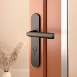 GoodHome Poignée De Porte Extérieure<Ensemble poignée sur plaque rond Dizel effet nickel noir L.121.5mm x l.40mm entraxe 195mm