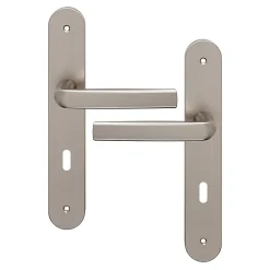 GoodHome Ensemble poignée sur plaque Incurvé serrure Primel effet nickel satin gris L.126mm x l.40mm entraxe 195mm- Poignée De Porte