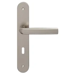 GoodHome Ensemble poignée sur plaque Incurvé serrure Primel effet nickel satin gris L.126mm x l.40mm entraxe 195mm- Poignée De Porte