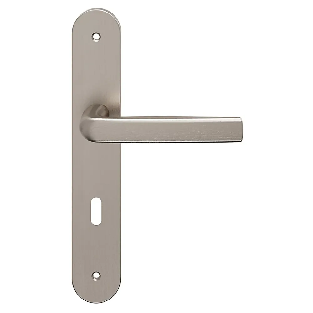 GoodHome Ensemble poignée sur plaque Incurvé serrure Primel effet nickel satin gris L.126mm x l.40mm entraxe 195mm- Poignée De Porte