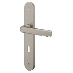 GoodHome Ensemble poignée sur plaque Incurvé serrure Primel effet nickel satin gris L.126mm x l.40mm entraxe 195mm- Poignée De Porte
