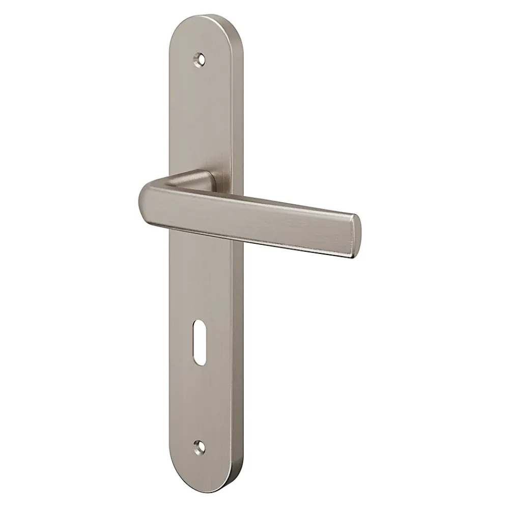 GoodHome Ensemble poignée sur plaque Incurvé serrure Primel effet nickel satin gris L.126mm x l.40mm entraxe 195mm- Poignée De Porte