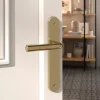 GoodHome Poignée De Porte Extérieure<Ensemble poignée sur plaque rond Tudy effet laiton brillant doré L.119mm x l.41mm entraxe 195mm