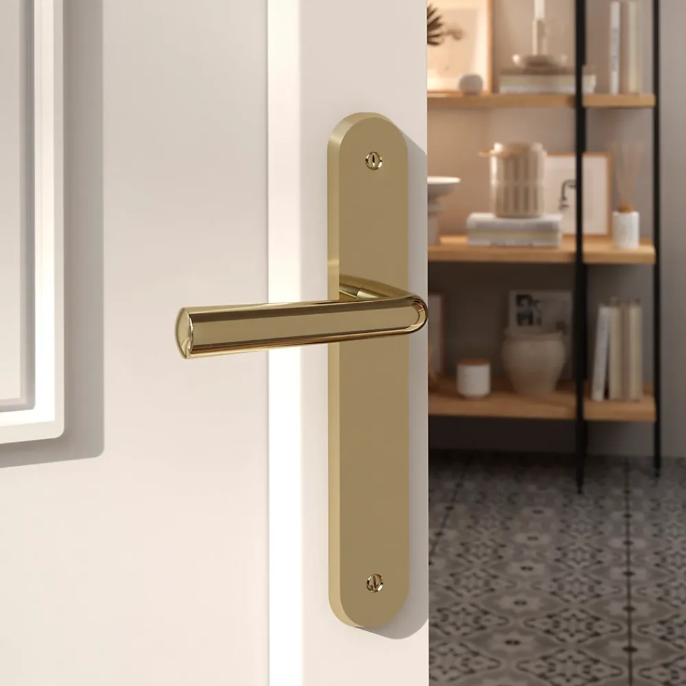 GoodHome Poignée De Porte Extérieure<Ensemble poignée sur plaque rond Tudy effet laiton brillant doré L.119mm x l.41mm entraxe 195mm