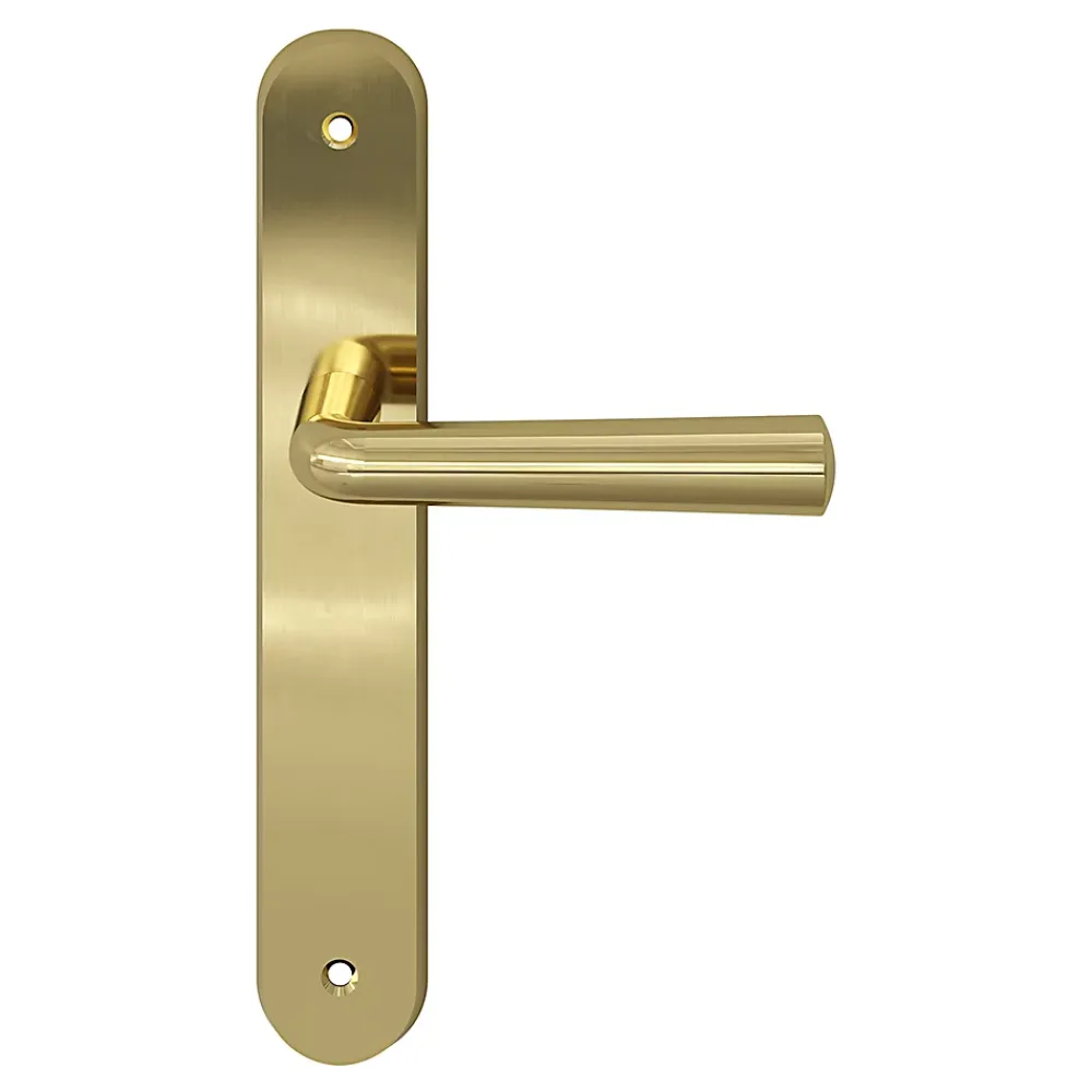 GoodHome Poignée De Porte Extérieure<Ensemble poignée sur plaque rond Tudy effet laiton brillant doré L.119mm x l.41mm entraxe 195mm