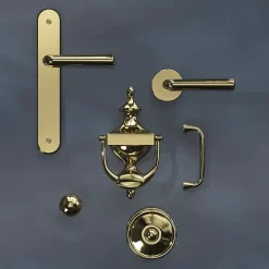 GoodHome Poignée De Porte Extérieure<Ensemble poignée sur plaque rond Tudy effet laiton brillant doré L.119mm x l.41mm entraxe 195mm