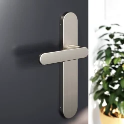 GoodHome Poignée De Porte<Ensemble poignée sur plaque rond Minzh effet nickel satin gris L.120mm x l.42mm entraxe 165-195mm