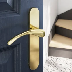 GoodHome Poignée De Porte<Ensemble poignée sur plaque rond Ruis effet laiton doré L.138.5mm x l.42mm entraxe 165-195mm