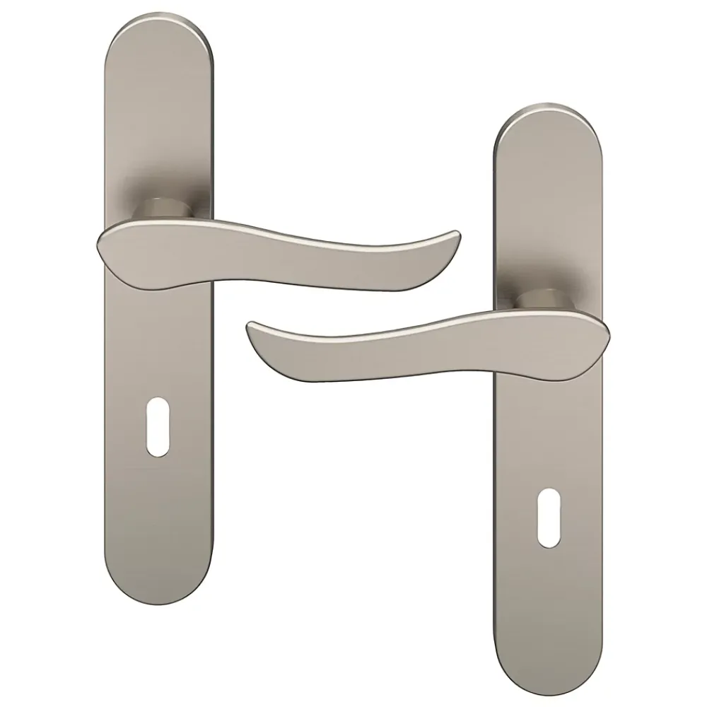 GoodHome Ensemble poignée sur plaque rond serrure Armel effet nickel satin gris L.130mm x l.42mm entraxe 165-195mm- Poignée De Porte