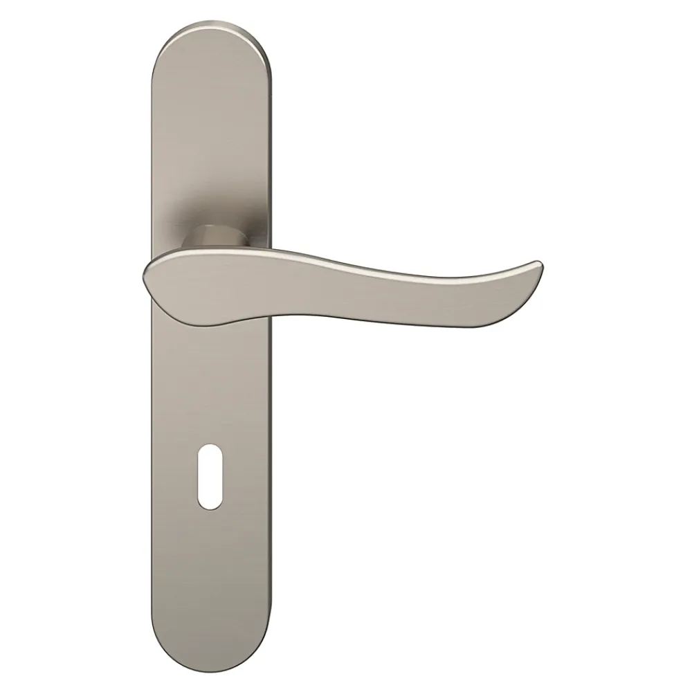 GoodHome Ensemble poignée sur plaque rond serrure Armel effet nickel satin gris L.130mm x l.42mm entraxe 165-195mm- Poignée De Porte