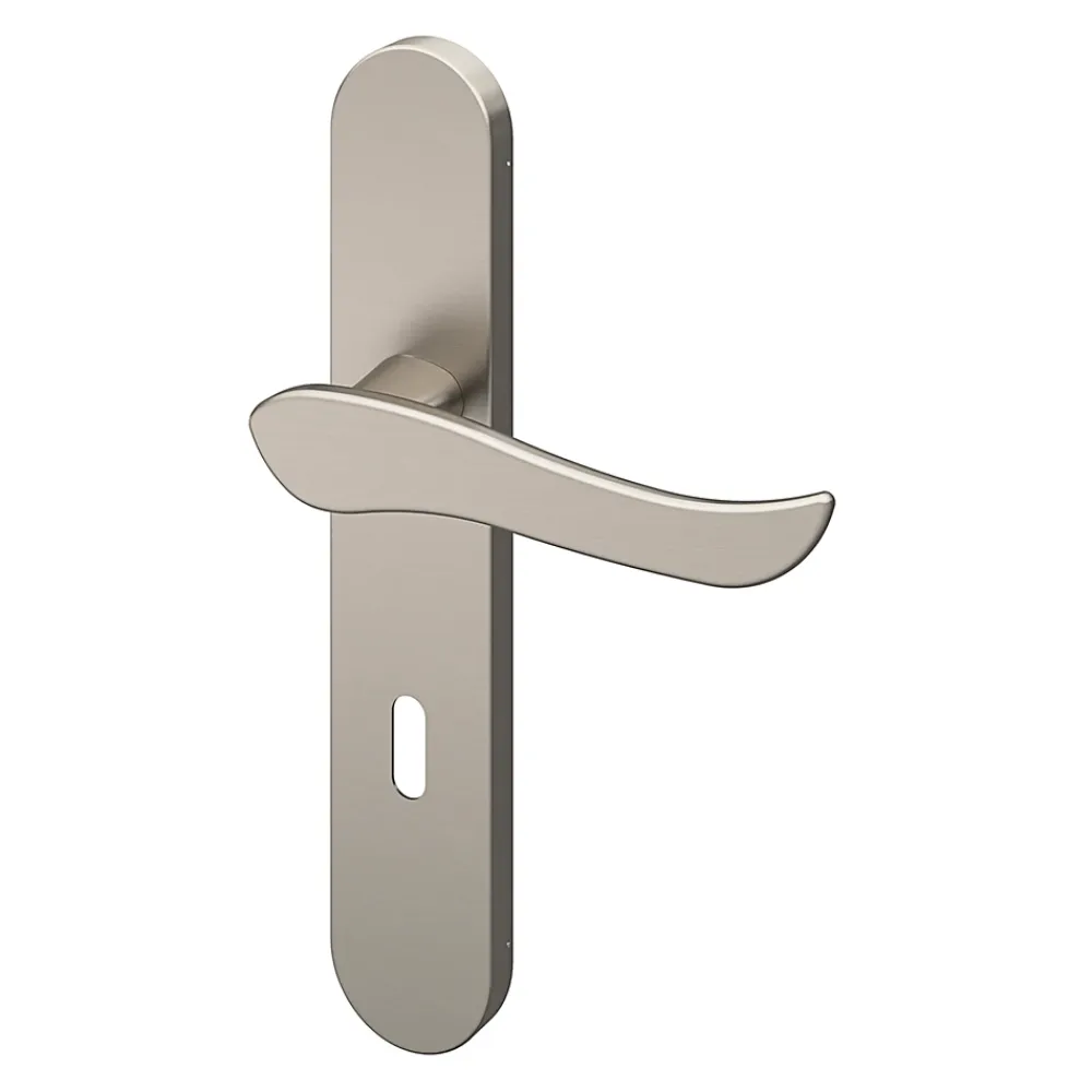 GoodHome Ensemble poignée sur plaque rond serrure Armel effet nickel satin gris L.130mm x l.42mm entraxe 165-195mm- Poignée De Porte