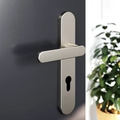 GoodHome Ensemble poignée sur plaque rondcylindre Minzh effet nickel satin gris L.120mm x l.42mm entraxe 165-195mm- Poignée De Porte