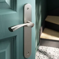 GoodHome Poignée De Porte<Ensemble poignée sur plaque rond Breage effet nickel satin gris L.120.5mm x l.40mm entraxe 195mm