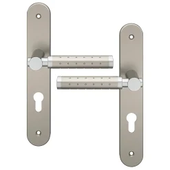 GoodHome Poignée De Porte<Ensemble poignée sur plaque rondcylindre Brigg effet chrome et nickel satin gris L.132mm x l.40mm entraxe 195mm