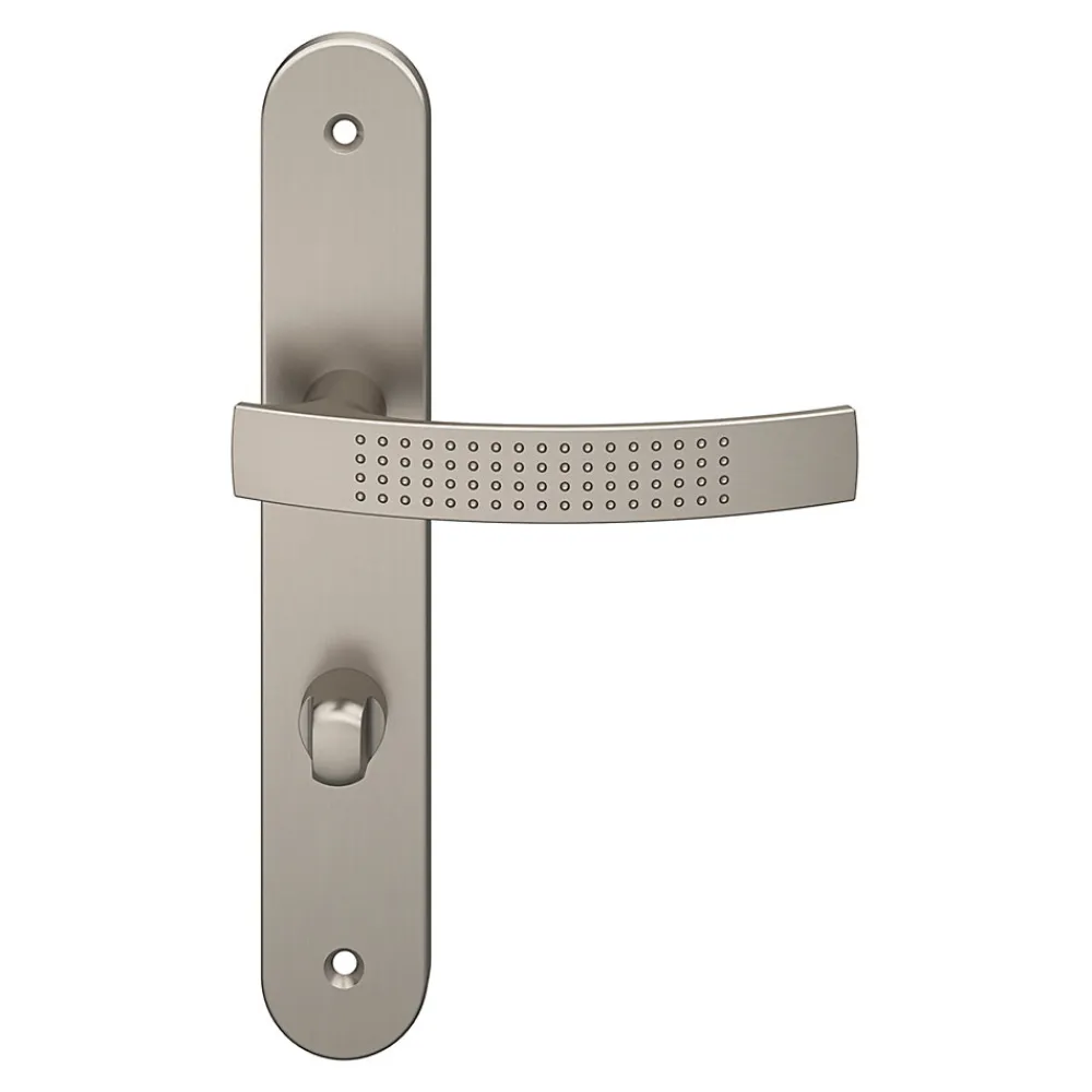 GoodHome Poignée De Porte<Ensemble poignée sur plaque rond à condamnation Diss effet nickel satin gris L.139mm x l.40mm entraxe 195mm
