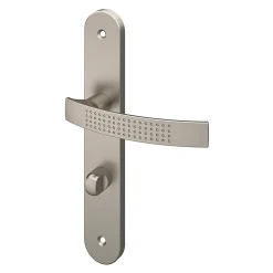 GoodHome Poignée De Porte<Ensemble poignée sur plaque rond à condamnation Diss effet nickel satin gris L.139mm x l.40mm entraxe 195mm