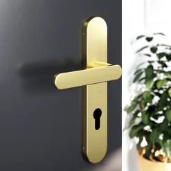 GoodHome Poignée De Porte<Ensemble poignée sur plaque rondcylindre Minzh effet laiton satin doré L.120mm x l.42mm entraxe 165-195mm