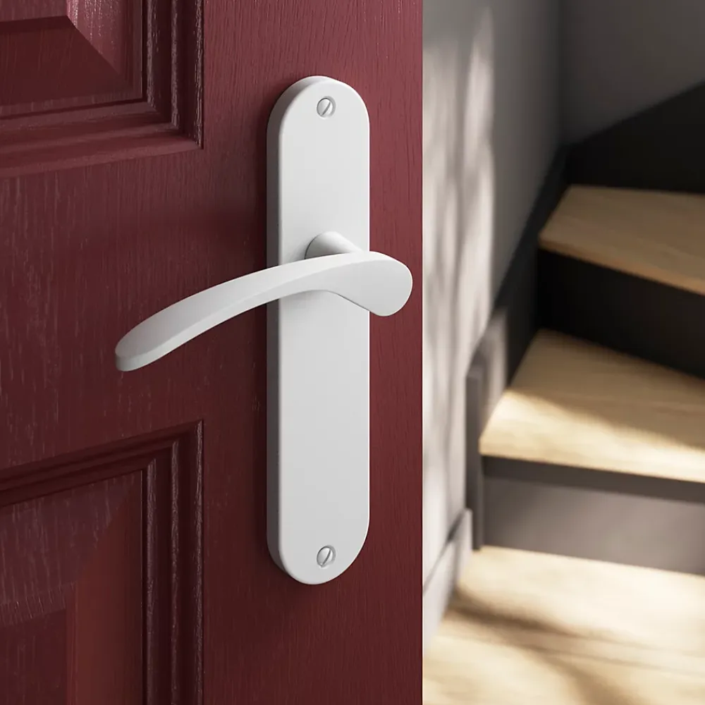 GoodHome Poignée De Porte<Ensemble poignée sur plaque rond Beare mat blanc L.110.5mm x l.40mm entraxe 165mm