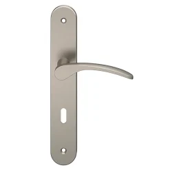 GoodHome Poignée De Porte<Ensemble poignée sur plaque rond serrure Beare effet nickel satin gris L.110.5mm x l.40mm entraxe 195mm