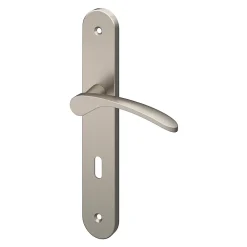 GoodHome Poignée De Porte<Ensemble poignée sur plaque rond serrure Beare effet nickel satin gris L.110.5mm x l.40mm entraxe 195mm