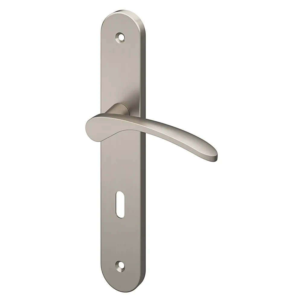 GoodHome Poignée De Porte<Ensemble poignée sur plaque rond serrure Beare effet nickel satin gris L.110.5mm x l.40mm entraxe 195mm