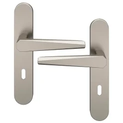 GoodHome Ensemble poignée sur plaque rond serrure Keri effet nickel satin gris L.140mm x l.42mm entraxe 165-195mm- Poignée De Porte