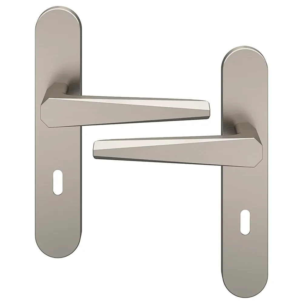 GoodHome Ensemble poignée sur plaque rond serrure Keri effet nickel satin gris L.140mm x l.42mm entraxe 165-195mm- Poignée De Porte