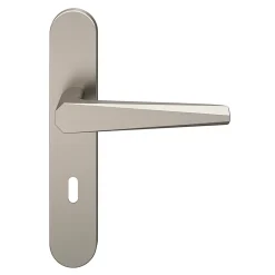 GoodHome Ensemble poignée sur plaque rond serrure Keri effet nickel satin gris L.140mm x l.42mm entraxe 165-195mm- Poignée De Porte