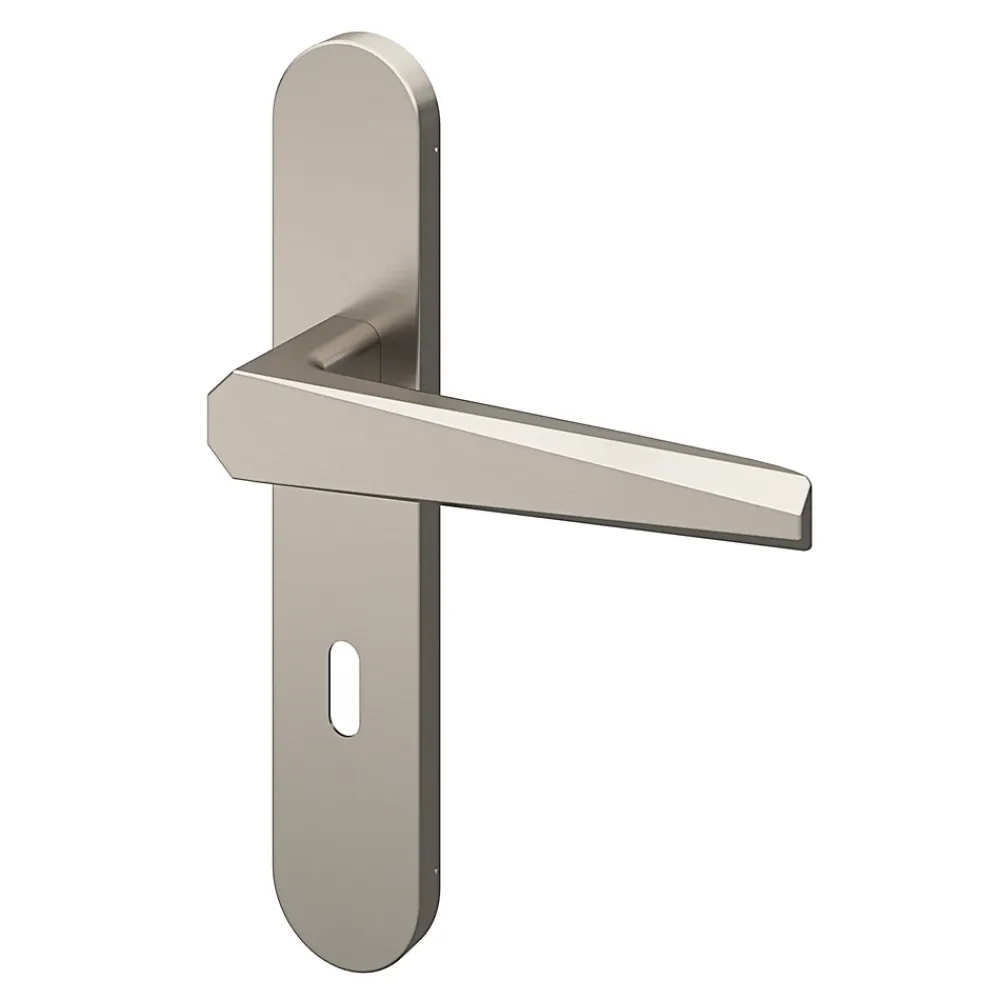 GoodHome Ensemble poignée sur plaque rond serrure Keri effet nickel satin gris L.140mm x l.42mm entraxe 165-195mm- Poignée De Porte