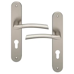 GoodHome Poignée De Porte Extérieure<Ensemble poignée sur plaque extérieur rond cylindre Hirel effet nickel satin gris chromé L.128mm x l.40mm entraxe 195mm