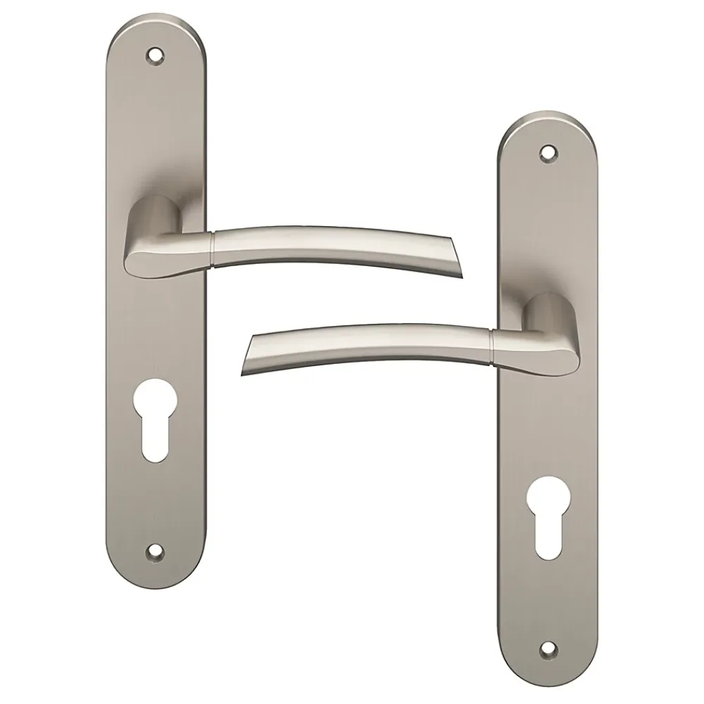 GoodHome Poignée De Porte Extérieure<Ensemble poignée sur plaque extérieur rond cylindre Hirel effet nickel satin gris chromé L.128mm x l.40mm entraxe 195mm