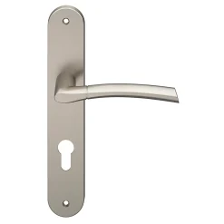 GoodHome Poignée De Porte Extérieure<Ensemble poignée sur plaque extérieur rond cylindre Hirel effet nickel satin gris chromé L.128mm x l.40mm entraxe 195mm