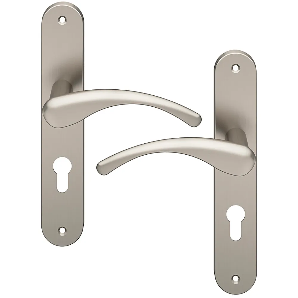 GoodHome Ensemble poignée sur plaque rond Ruis effet nickel satin gris L.138.5mm x l.40mm entraxe 195mm- Poignée De Porte Extérieure