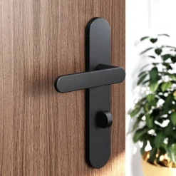 GoodHome Poignée De Porte<Ensemble poignée sur plaque rond à condamnation Minzh effet nickel mat noir L.120mm x l.42mm entraxe 165-195mm