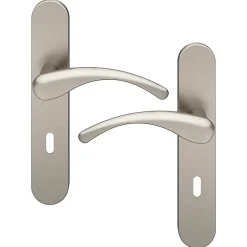 GoodHome Poignée De Porte<Ensemble poignée sur plaque rond serrure Ruis effet nickel satin gris L.138.5mm x l.42mm entraxe 165-195mm