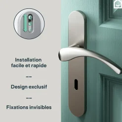 GoodHome Poignée De Porte<Ensemble poignée sur plaque rond serrure Ruis effet nickel satin gris L.138.5mm x l.42mm entraxe 165-195mm