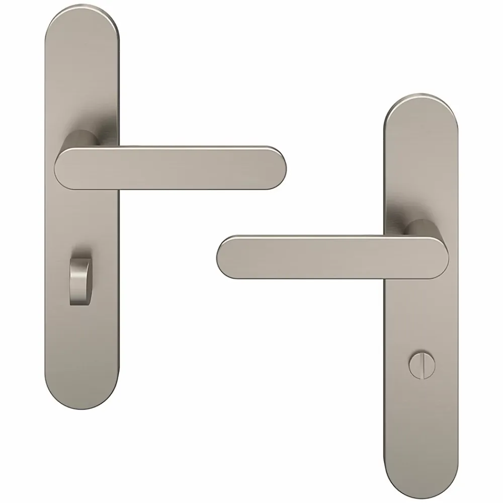 GoodHome Ensemble poignée sur plaque rond à condamnation Minzh effet nickel satin gris L.120mm x l.42mm entraxe 165-195mm- Poignée De Porte