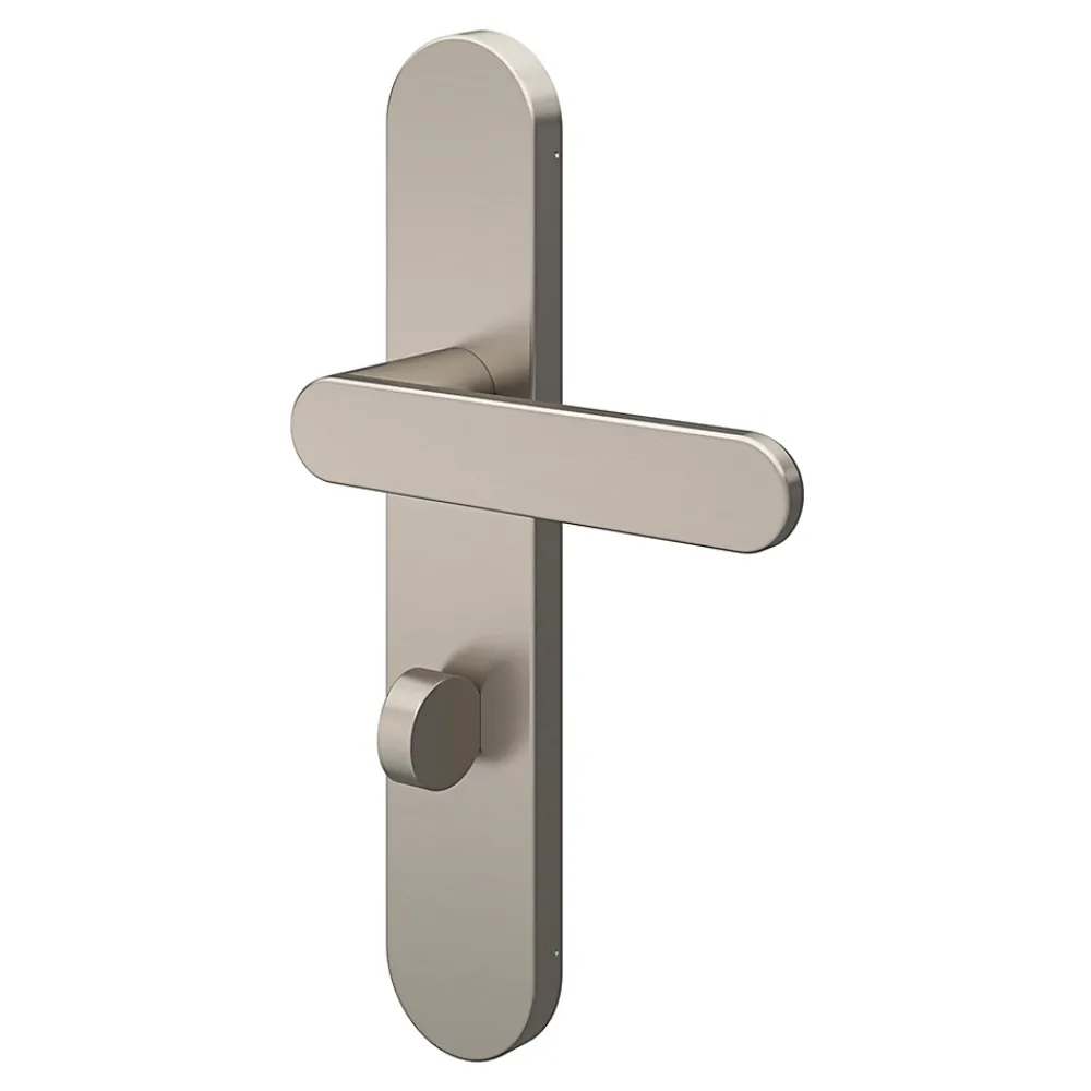 GoodHome Ensemble poignée sur plaque rond à condamnation Minzh effet nickel satin gris L.120mm x l.42mm entraxe 165-195mm- Poignée De Porte