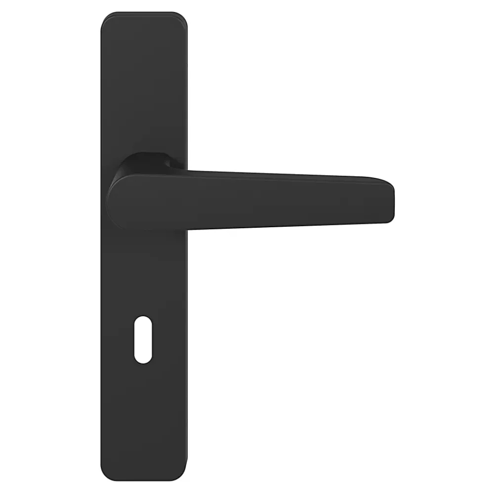 GoodHome Ensemble poignée sur plaque rectangulaire serrure Kerver effet nickel mat noir L.128mm x l.42mm entraxe 165-195mm- Poignée De Porte
