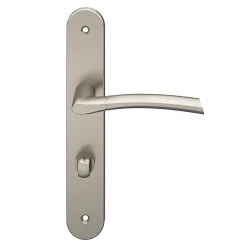 GoodHome Poignée De Porte<Ensemble poignée sur plaque rond à condamnation Hirel effet nickel satin gris L.128mm x l.40mm entraxe 195mm