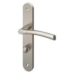 GoodHome Poignée De Porte<Ensemble poignée sur plaque rond à condamnation Hirel effet nickel satin gris L.128mm x l.40mm entraxe 195mm